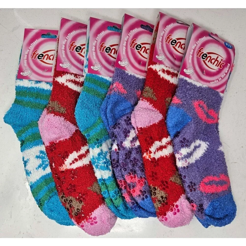 Women Fuzzy Slipper Grips Socks, Soft Cozy Non-Slip House Sox, Size 9-11, 6 Pack